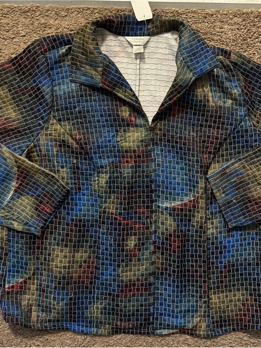C.J Banks NWT Woman’s 1X Blue Multi-Color Grid-Print Collared Shirt Full Zip